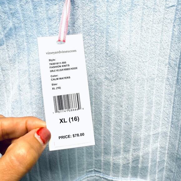 NWT Vineyard Vines Girls Velour Ribbed Hoodie Blue Size XL (16) - Picture 6 of 9